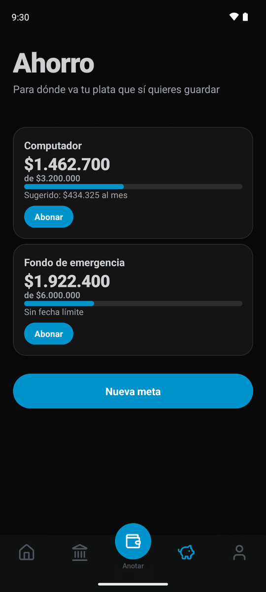 Pantalla de ahorro con dos metas y su barra de progreso