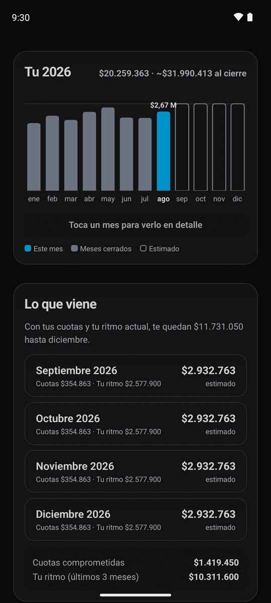 Vista anual con doce barras y la proyección de los meses que faltan