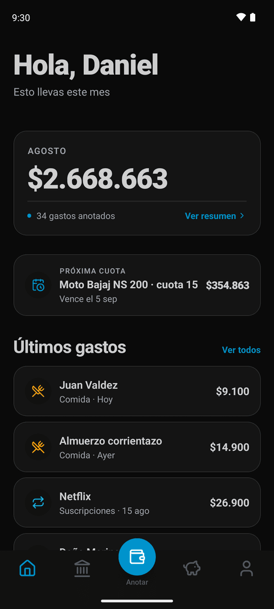 Pantalla de inicio de Soldy: total del mes, próxima cuota y últimos gastos